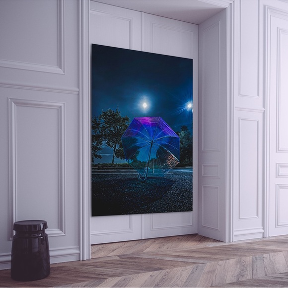 Moonlit Pearlescent Umbrella: Enchanting Nighttime Canvas Art